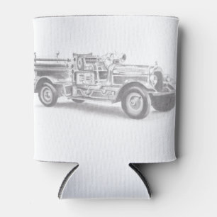 vintage firetruck pencil sketch fireman drawing can cooler