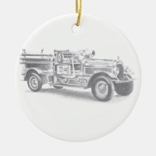 vintage firetruck pencil sketch fireman drawing  ceramic tree decoration