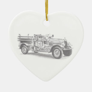 vintage firetruck pencil sketch fireman drawing  ceramic tree decoration