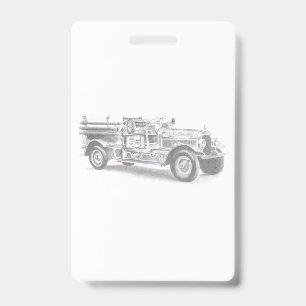 vintage firetruck pencil sketch fireman drawing  ID badge