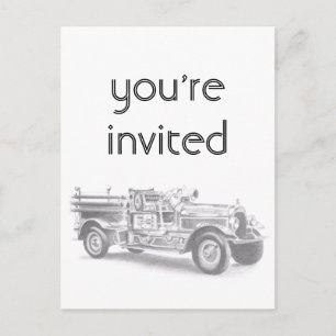 vintage firetruck pencil sketch fireman drawing invitation postcard