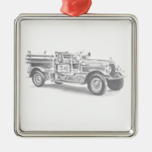 vintage firetruck pencil sketch fireman drawing  metal tree decoration