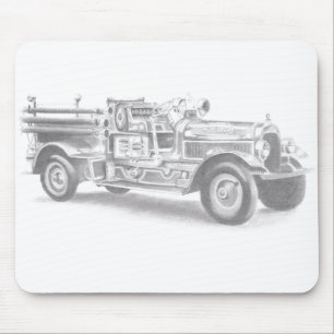 vintage firetruck pencil sketch fireman drawing  mouse pad