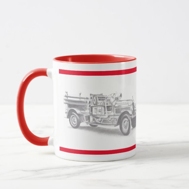 vintage firetruck pencil sketch fireman drawing  mug (Left)