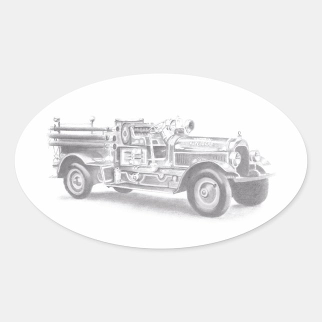 vintage firetruck pencil sketch fireman drawing  oval sticker (Front)