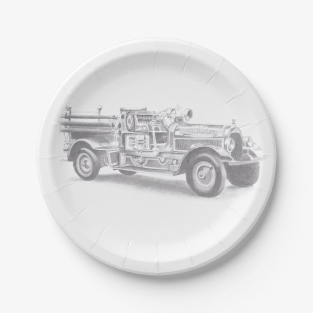 vintage firetruck pencil sketch fireman drawing  paper plate (Front)