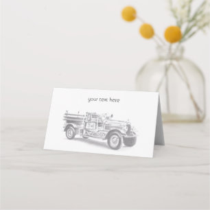 vintage firetruck pencil sketch fireman drawing  place card