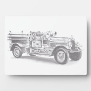 vintage firetruck pencil sketch fireman drawing  plaque