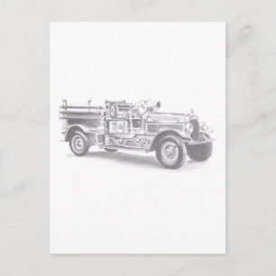 vintage firetruck pencil sketch fireman drawing postcard