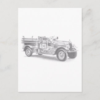 vintage firetruck pencil sketch fireman drawing postcard