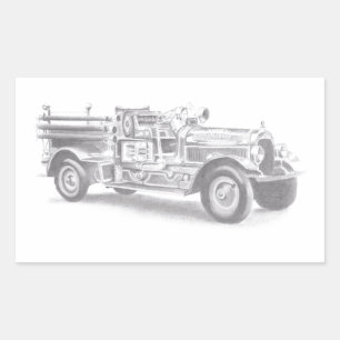 vintage firetruck pencil sketch fireman drawing rectangular sticker