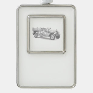 vintage firetruck pencil sketch fireman drawing silver plated framed ornament