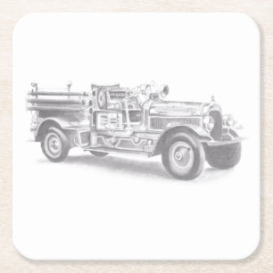 vintage firetruck pencil sketch fireman drawing square paper coaster