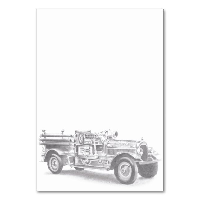 vintage firetruck pencil sketch fireman drawing  table number (Front)