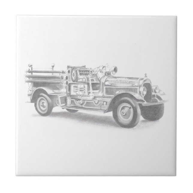 vintage firetruck pencil sketch fireman drawing  tile (Front)