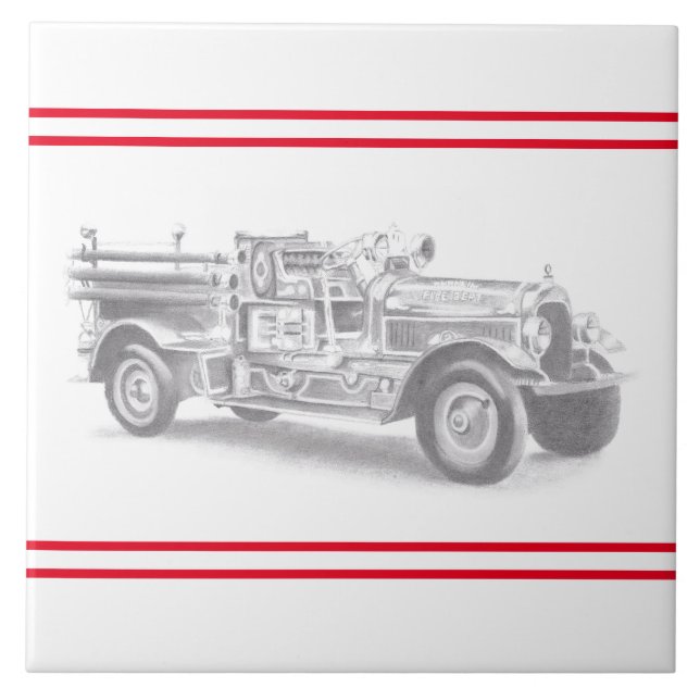 vintage firetruck pencil sketch fireman drawing  tile (Front)