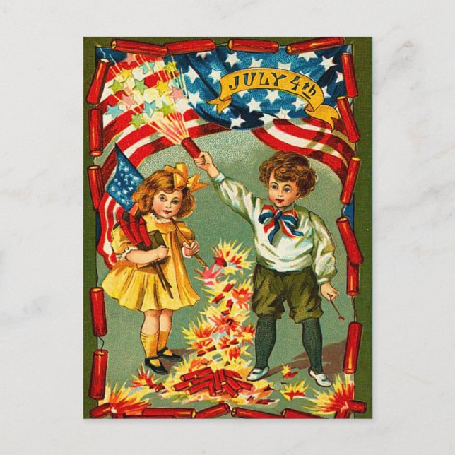Vintage Fireworks and Kids Postcard (Front)
