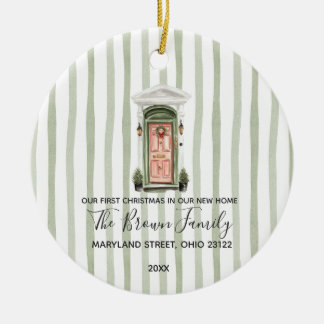 Vintage First Christmas In New Home Green Stripes Ceramic Tree Decoration