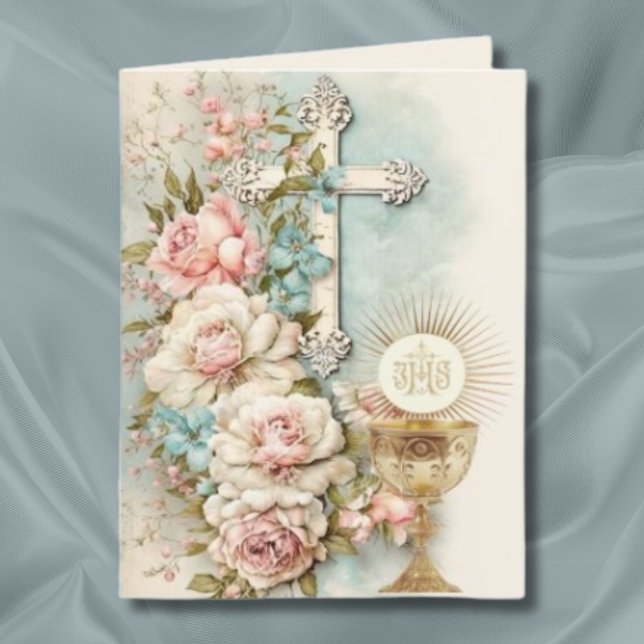 Vintage First Communion Floral Chalice Cross Thank You Card (Creator Uploaded)