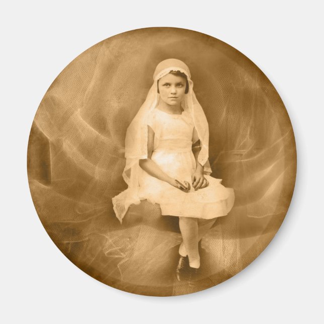 Vintage First Communion Girl, Dress, Veil, Rose Magnet (Front)