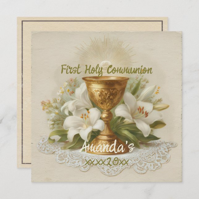 Vintage First Holy Communion Chalice White Lilies Card (Front/Back)