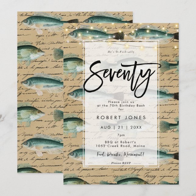 vintage fish 70th birthday party invitation (Front/Back)