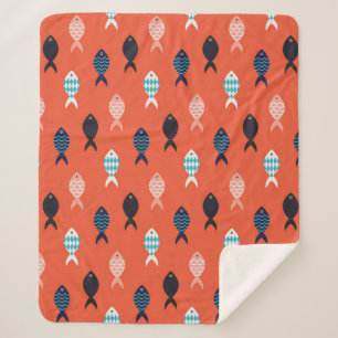 Vintage fish, coral red pattern. sherpa blanket