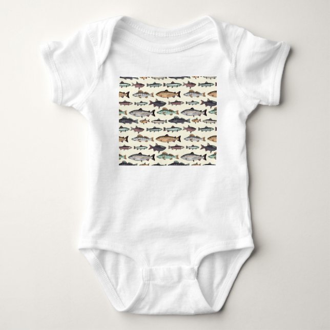 Vintage fish drawings, seamless pattern. baby bodysuit (Front)