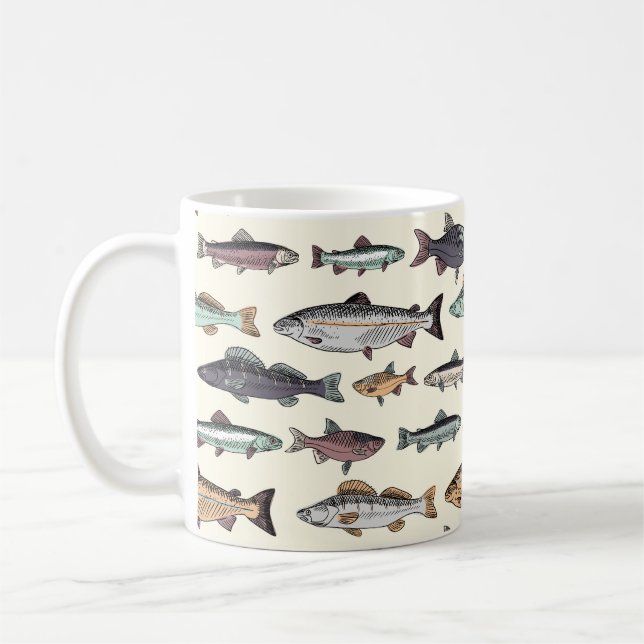 Vintage fish drawings, seamless pattern. coffee mug (Left)
