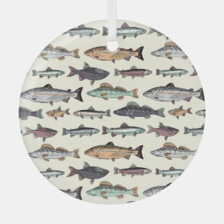 Vintage fish drawings, seamless pattern. glass tree decoration