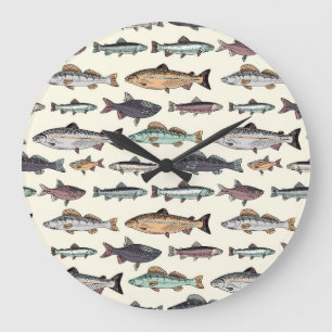 Vintage fish drawings, seamless pattern. large clock