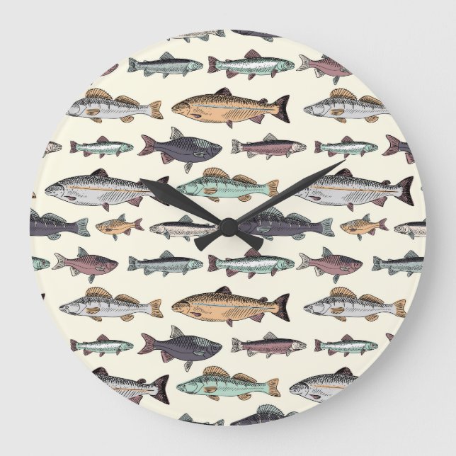 Vintage fish drawings, seamless pattern. large clock (Front)
