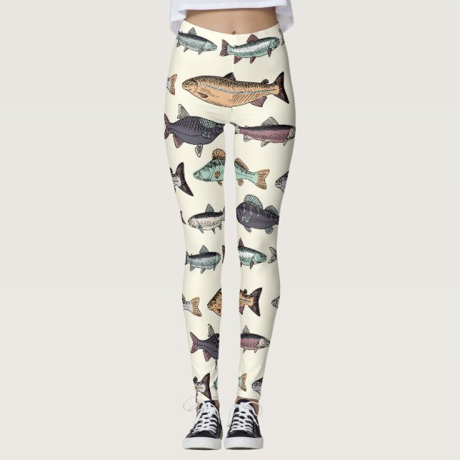 Vintage fish drawings, seamless pattern. leggings (Front)