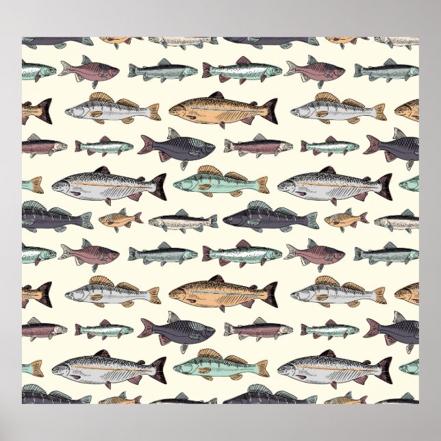 Vintage fish drawings, seamless pattern. poster (Front)