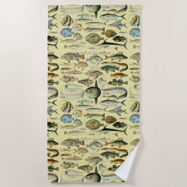 Vintage Fish Scientific Fishing Art Beach Towel (Front)