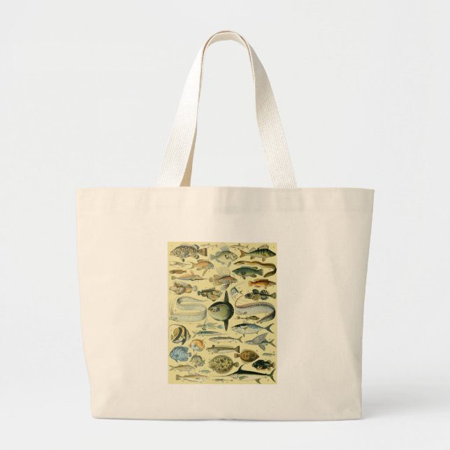 Vintage Fish Scientific Fishing Art Large Tote Bag (Front)