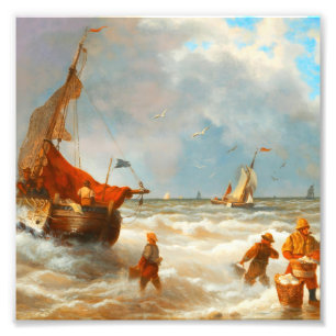 Vintage Fishermen and Sailing Boats Choppy Sea Photo Print