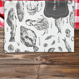 Vintage Fishes And Sea Animals Custom Family Name Tea Towel