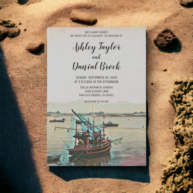 Vintage fishing boat navy destination wedding invitation (Creator Uploaded)