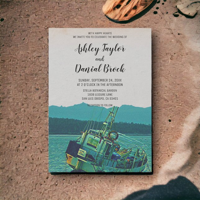 Vintage fishing boat navy destination wedding invitation (Creator Uploaded)