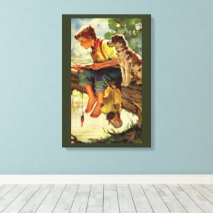 Vintage Fishing, Boy with His Puppy and Worms Canvas Print