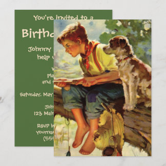 Vintage Fishing, Boy with His Puppy and Worms Invitation