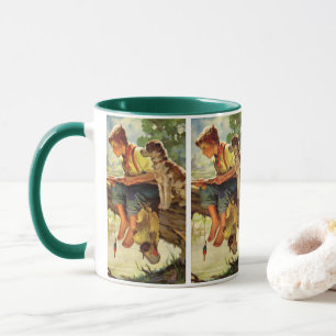 Vintage Fishing, Boy with His Puppy and Worms Mug