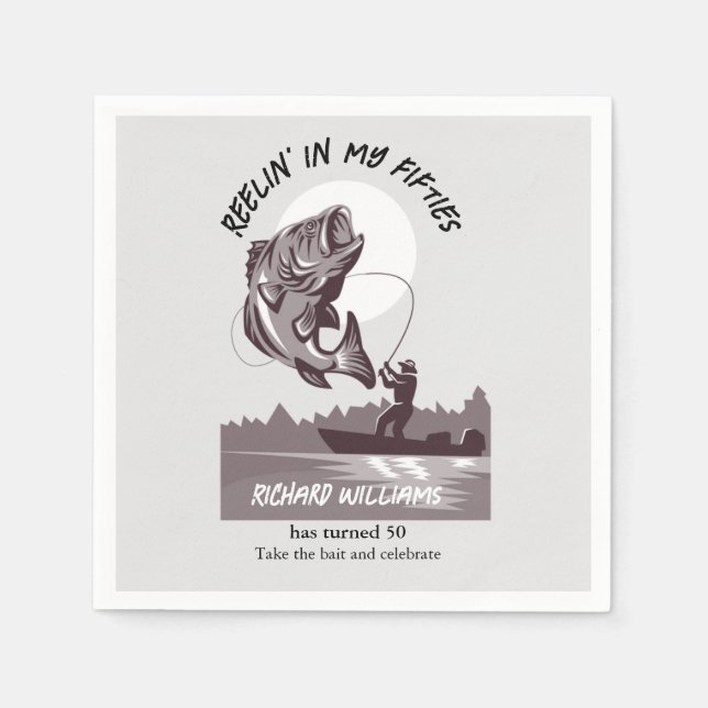 Vintage Fishing Lake Fisherman 50th Birthday Napkin (Front)