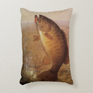 Vintage Fishing, Leaping Smallmouth Bass on Line Decorative Cushion