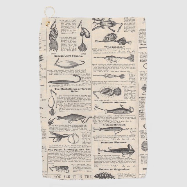Vintage Fishing Lures: Antique 1900s Fisherman Golf Towel (Front)