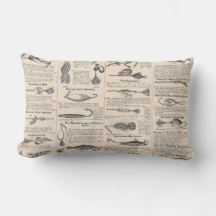 Vintage Fishing Lures: Antique 1900s Fisherman Lumbar Cushion