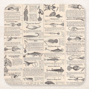 Vintage Fishing Lures: Antique 1900s Fisherman Square Paper Coaster