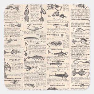 Vintage Fishing Lures: Antique 1900s Fisherman Square Sticker