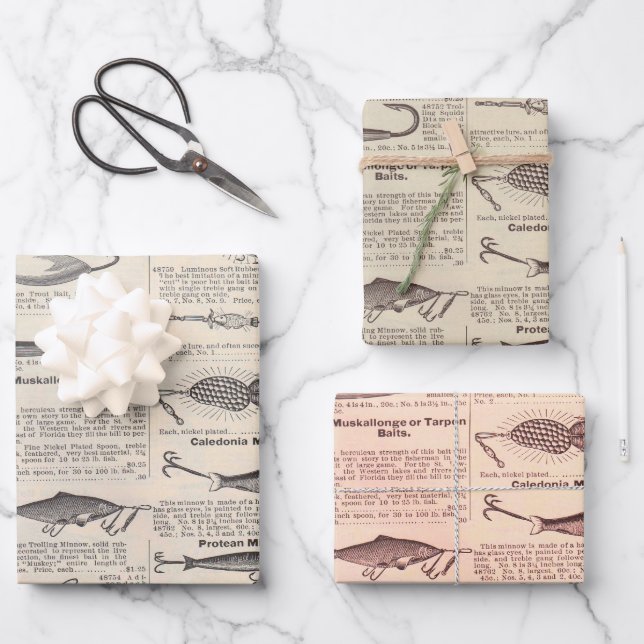 Vintage Fishing Lures: Antique 1900s Fisherman Wrapping Paper Sheet (Front)